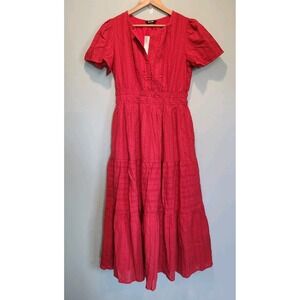 New Red Tiered Cottage Boho Prarie Maxi Dress Pockets BTFBM Sz M